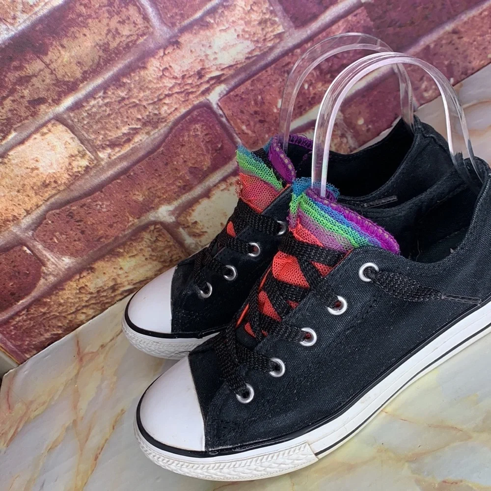 Converse All Star Black Low Top Rainbow Tulle Lace Up Canvas Sneakers
